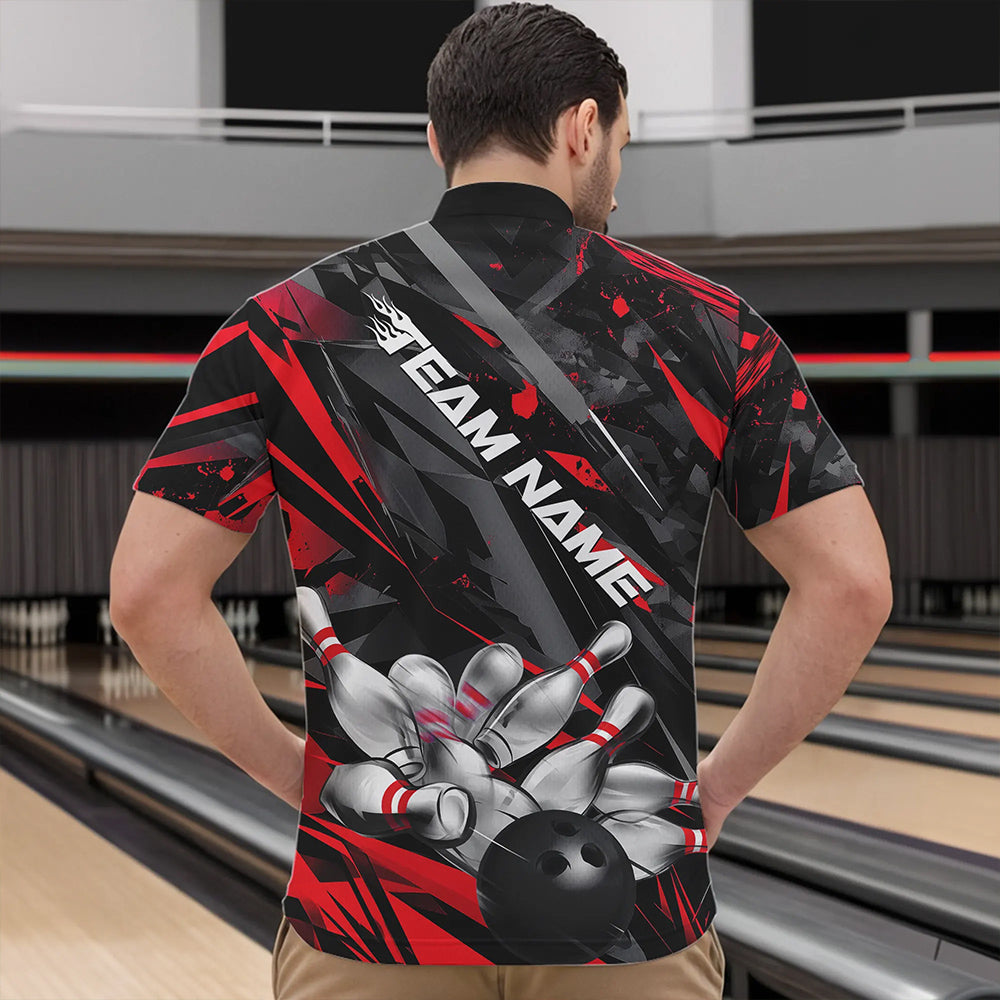 Custom Black And Red Bowling Quarter-Zip Shirts For Men, Bowling Tournament Team Uniform IPHW8527