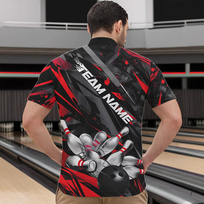Custom Black And Red Bowling Quarter-Zip Shirts For Men, Bowling Tournament Team Uniform IPHW8527