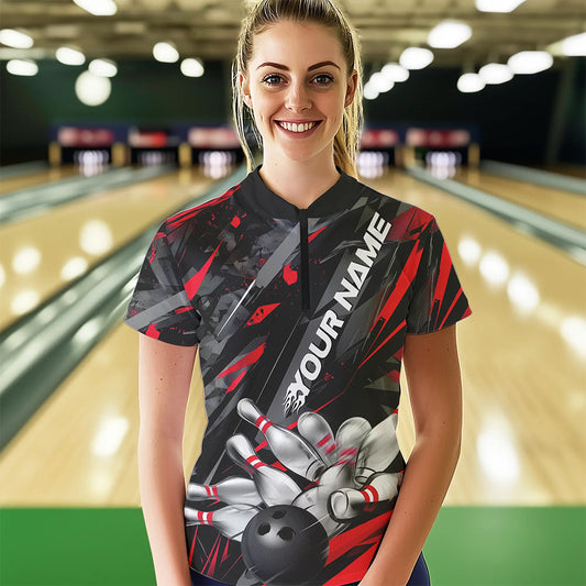Custom Black And Red Bowling Quarter-Zip Shirts For Women, Bowling Tournament Team Uniform IPHW8527