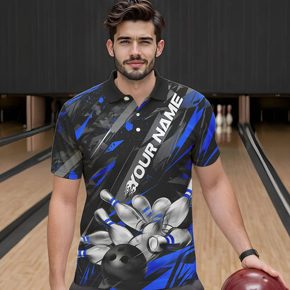 Custom Black And Blue Bowling Polo Shirts For Men, Bowling Tournament Team Uniform IPHW8528