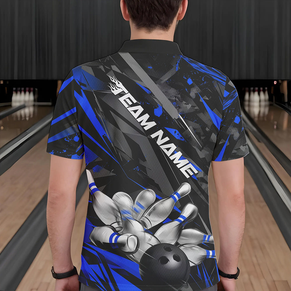 Custom Black And Blue Bowling Polo Shirts For Men, Bowling Tournament Team Uniform IPHW8528