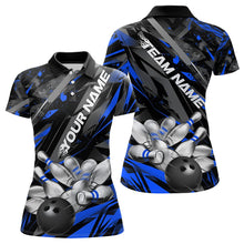 Load image into Gallery viewer, Custom Black And Blue Bowling Polo Shirts For Women, Bowling Tournament Team Uniform IPHW8528