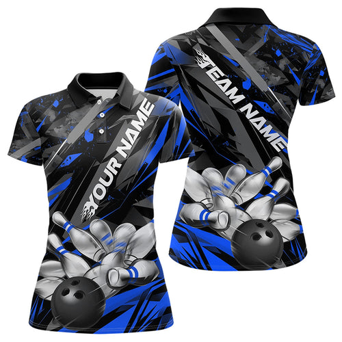 Custom Black And Blue Bowling Polo Shirts For Women, Bowling Tournament Team Uniform IPHW8528