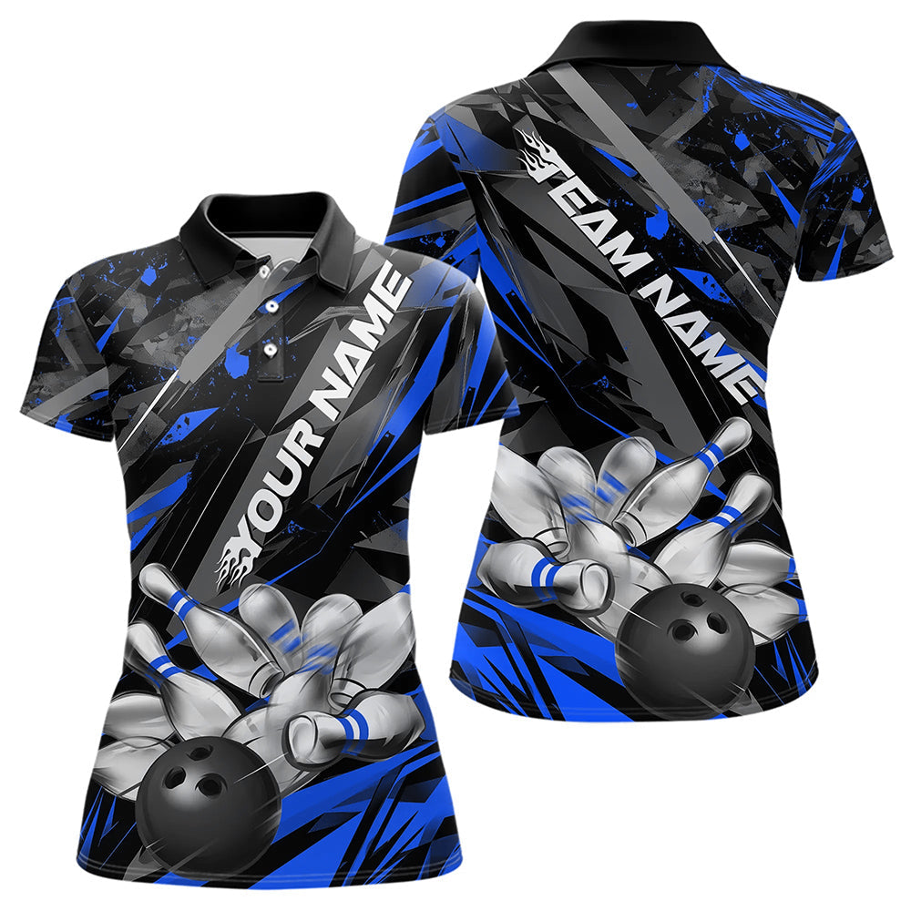 Custom Black And Blue Bowling Polo Shirts For Women, Bowling Tournament Team Uniform IPHW8528