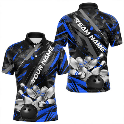 Custom Black And Blue Bowling Polo Shirts For Men, Bowling Tournament Team Uniform IPHW8528