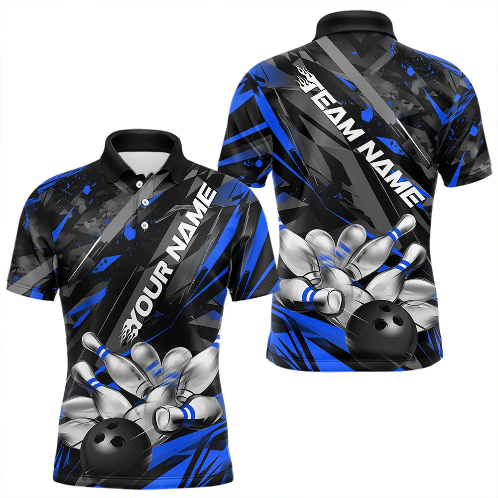 Custom Black And Blue Bowling Polo Shirts For Men, Bowling Tournament Team Uniform IPHW8528