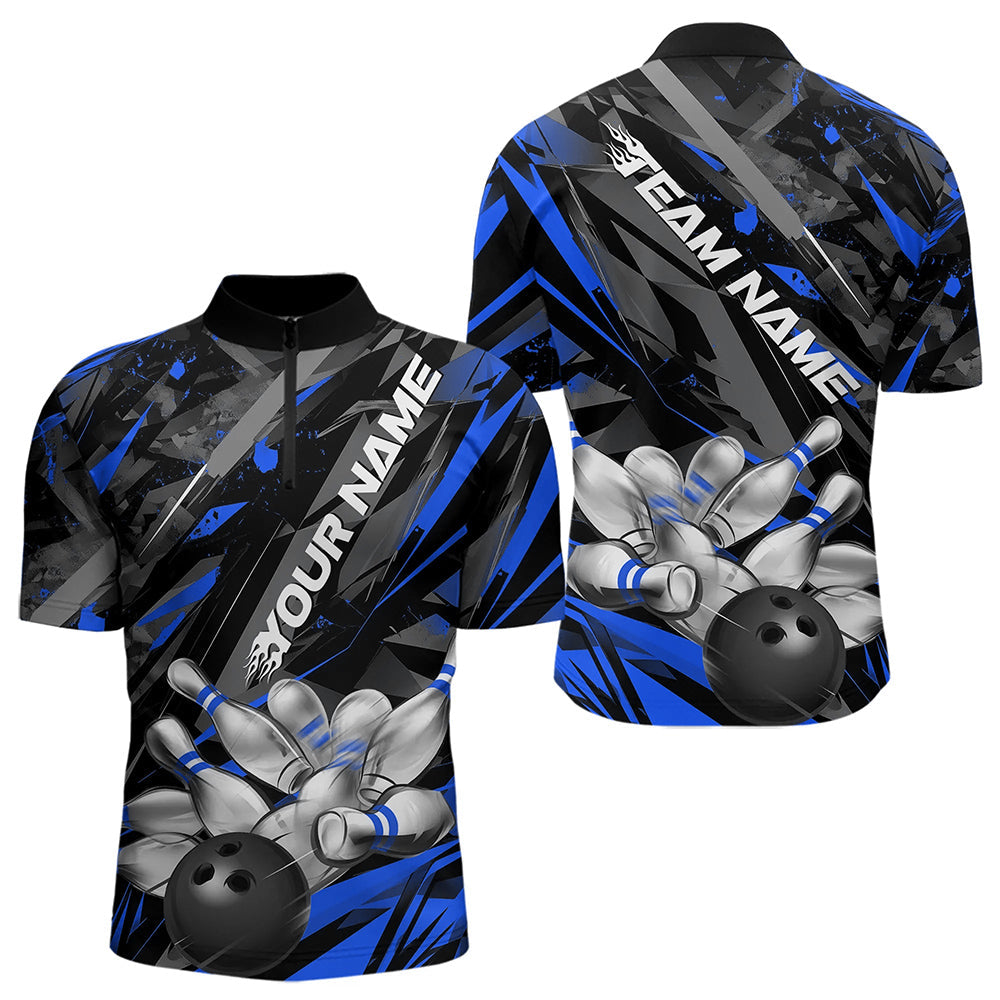 Custom Black And Blue Bowling Quarter-Zip Shirts For Men, Bowling Tournament Team Uniform IPHW8528