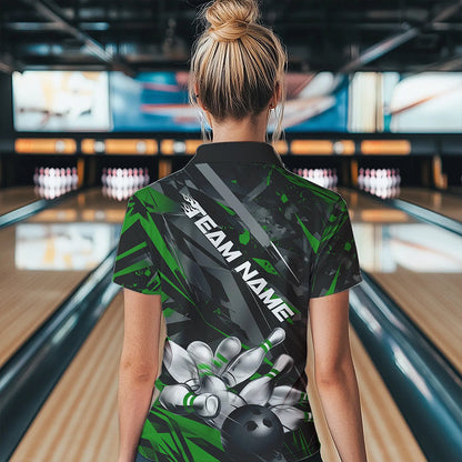 Custom Black And Green Bowling Polo Shirts For Women, Bowling Tournament Team Uniform IPHW8529