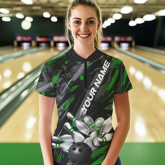 Custom Black And Green Bowling Quarter-Zip Shirt For Women, Bowling Tournament Team Uniform IPHW8529