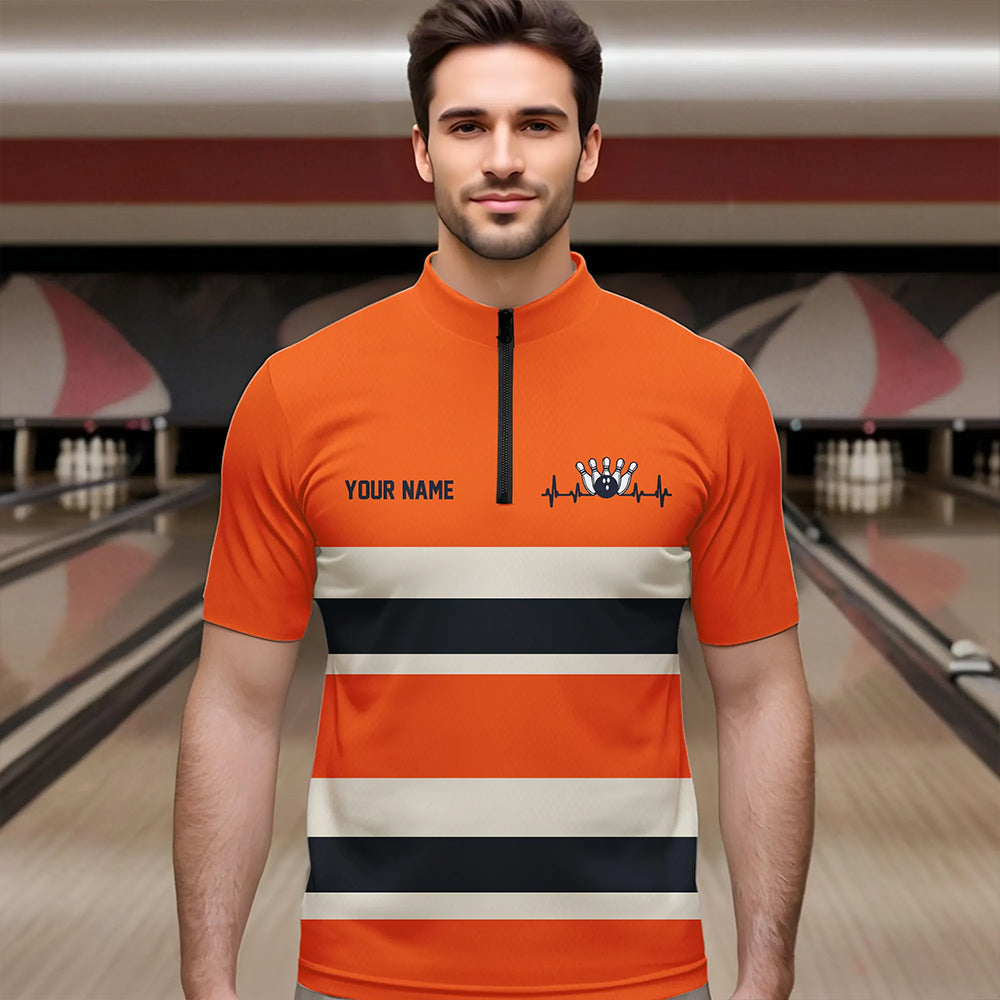 Custom Classic Retro Orange Bowling Quarter-Zip Shirts For Men, Bowling Team Shirt With Name IPHW8531