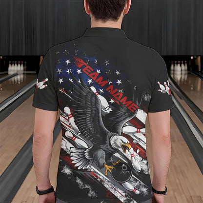 Personalized American Flag Eagle Men Bowling Polo Shirts, Patriotic US Bowling League Shirt  IPHW8731