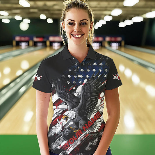 Personalized American Flag Eagle Women Bowling Polo Shirts, Patriotic Bowling League Shirt  IPHW8731
