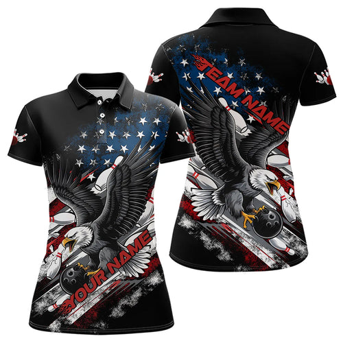 Personalized American Flag Eagle Women Bowling Polo Shirts, Patriotic Bowling League Shirt  IPHW8731