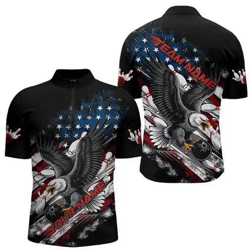 Personalized American Flag Eagle Men Bowling Quarter-Zip Shirts, Patriotic US Bowling League Shirt  IPHW8731