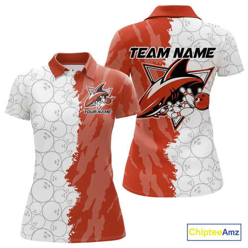 Custom White And Orange Shark Bowling Polo Shirts For Women, Shark Bowling League Shirt IPHW8991