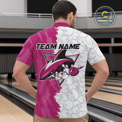 Custom White And Pink Shark Bowling Quarter-Zip Shirts For Men, Shark Bowling League Shirt IPHW8992