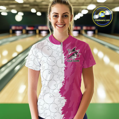 Custom White And Pink Shark Bowling Women Quarter-Zip Shirts, Shark Bowling League Shirt IPHW8992