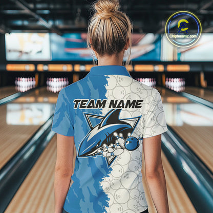 Custom White And Blue Shark Bowling Polo Shirts For Women, Shark Bowling League Shirt IPHW8993