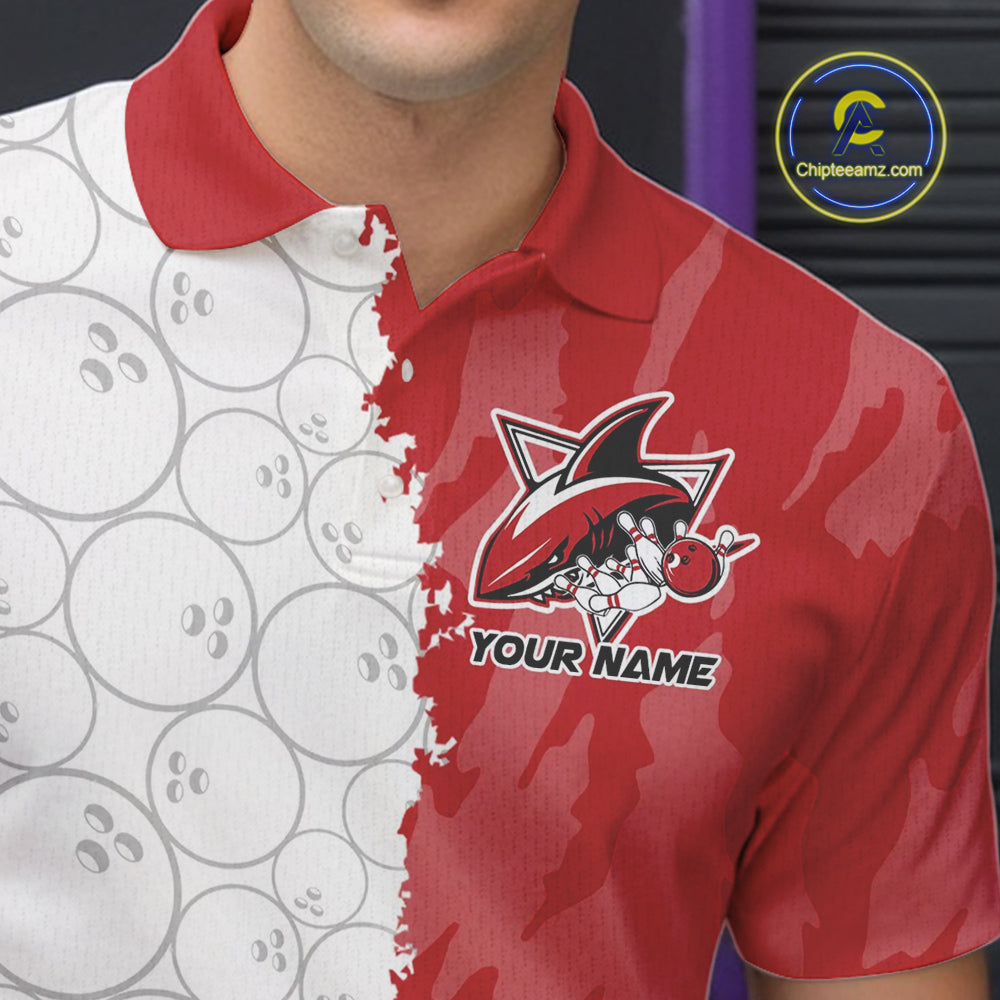 Custom White And Red Shark Bowling Polo Shirts For Men, Shark Bowling League Shirt IPHW8994