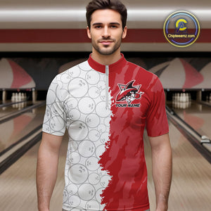 Custom White And Red Shark Bowling Quarter-Zip Shirts For Men, Shark Bowling League Shirt IPHW8994