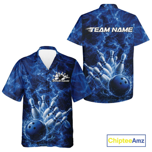 Front and back button-up bowling shirt featuring a blue bowling ball crashing through pins with flame accents.
