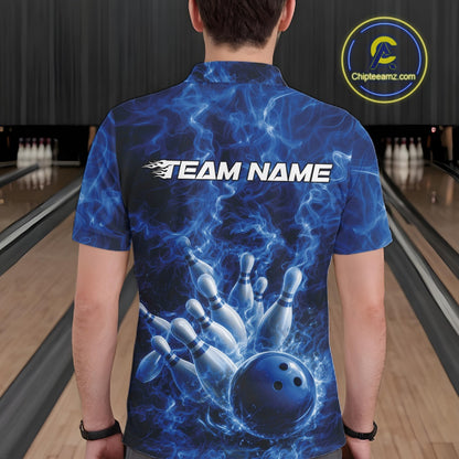 Back view of a mens bowling polo displaying a blue bowling ball striking pins against flames.