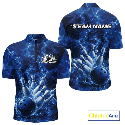 Front and back mens bowling quarter-zip mockup featuring a blue bowling ball crashing through pins with flame graphics.