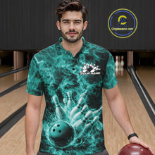 Load image into Gallery viewer, Male model in a bowling lane wearing a polo with turquoise blue bowling ball strike graphics and flames.
