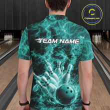 Load image into Gallery viewer, Back view of a mens bowling polo showcasing a turquoise blue bowling ball striking pins against a fiery background.