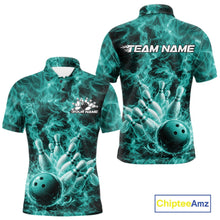 Load image into Gallery viewer, Front and back mens bowling polo featuring a turquoise blue bowling ball crashing through pins with flame artwork.