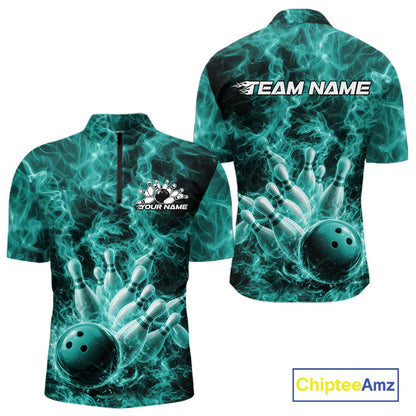 Front and back mens bowling quarter-zip featuring a turquoise blue bowling ball crashing through pins with a flame background.
