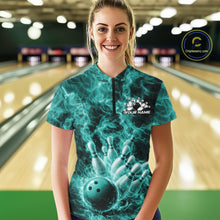 Load image into Gallery viewer, Custom Turquoise Blue Fire Flame Bowling Women Tournament Shirt, Team Bowling Jerseys IPHW11104