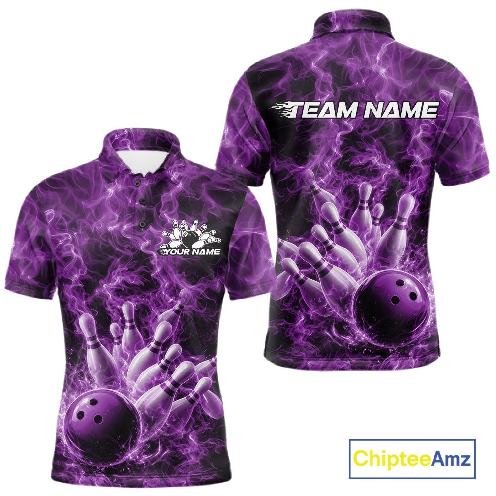 Front and back mens bowling polo featuring a purple bowling ball crashing through pins with intense flame graphics.