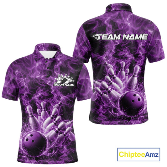 Front and back mens bowling polo featuring a purple bowling ball crashing through pins with intense flame graphics.