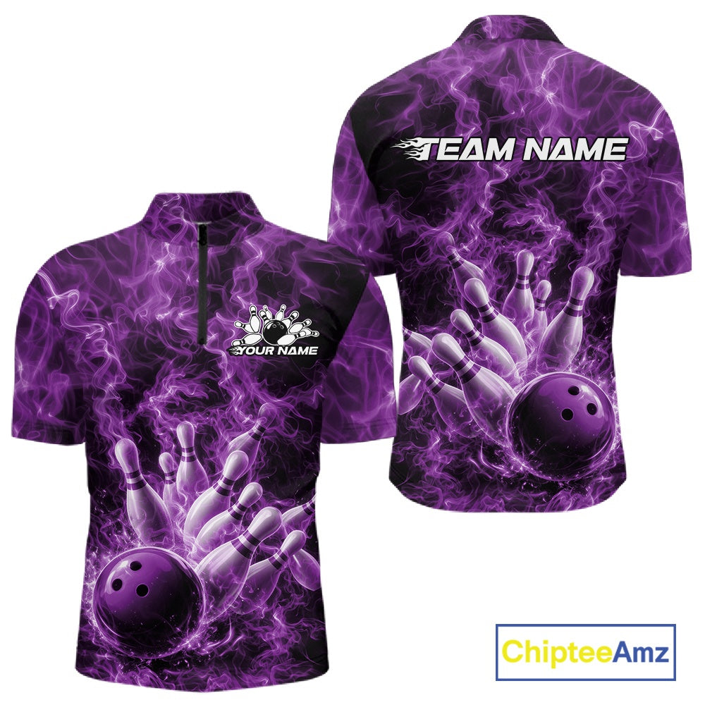Front and back mens bowling quarter-zip featuring a purple bowling ball crashing through bowling pins with intense flame effects.