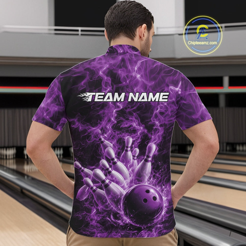 Front view of a mens bowling quarter-zip showcasing a purple bowling ball hitting pins with a dramatic flame background.