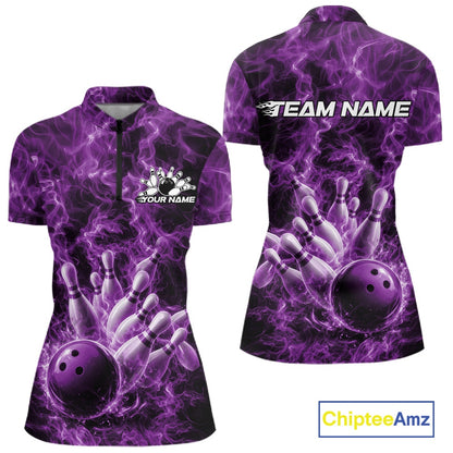 Front and back womens bowling quarter-zip mockup featuring a purple bowling ball crashing through bowling pins with flame effects.