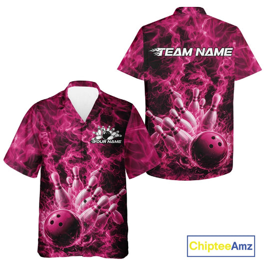 Front and back button-up bowling shirt featuring a pink bowling ball crashing through pins against a flame background.
