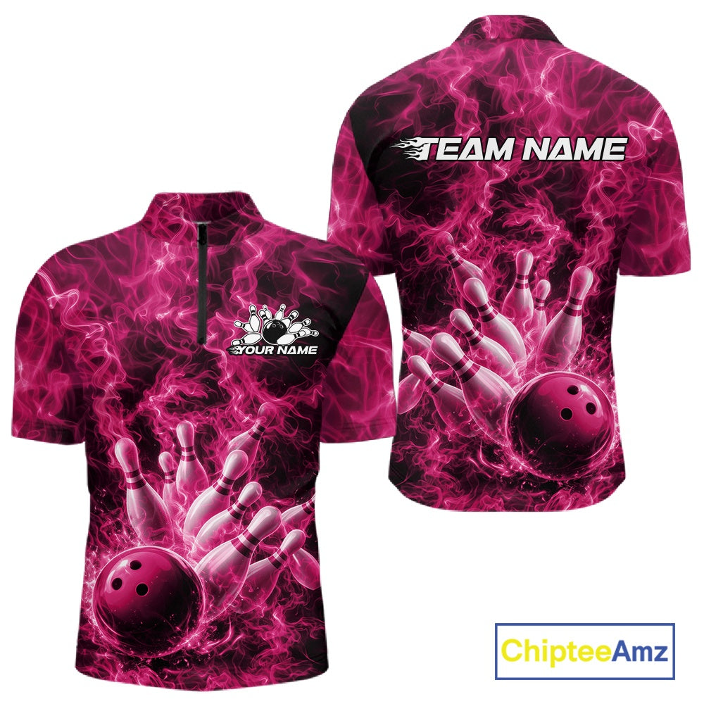 Front and back mens bowling quarter-zip featuring a pink bowling ball crashing through pins against a dramatic flame background.