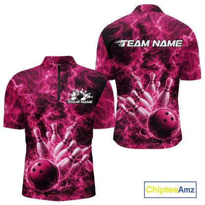 Front and back mens bowling quarter-zip featuring a pink bowling ball crashing through pins against a dramatic flame background.