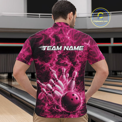 Front view of a mens bowling quarter-zip displaying a pink bowling ball, bowling pins, and blazing flame artwork.