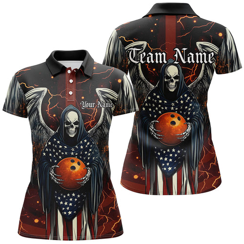 Custom Us Ladies Bowling Shirts, American Flag Skull Patriotic Bowling Team Shirt Outfit IPHW7607