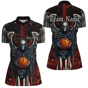 Custom Us Ladies Bowling Shirts, American Flag Skull Patriotic Bowling Team Shirt Outfit IPHW7607