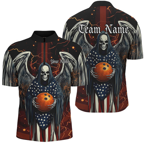 Custom Us Bowling Shirts For Men, American Flag Skull Patriotic Bowling Team Shirt Outfit IPHW7607