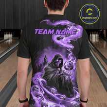 Load image into Gallery viewer, Black And Purple Grim Reaper Custom Halloween Bowling Team Shirts For Men, Bowling Gifts IPHW7613