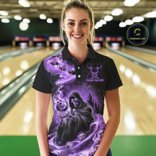 Load image into Gallery viewer, Black And Purple Grim Reaper Custom Halloween Bowling Team Shirts For Men, Bowling Gifts IPHW7613