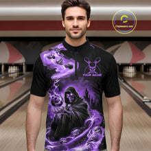 Load image into Gallery viewer, Black And Purple Grim Reaper Custom Halloween Bowling Team Shirts For Men, Bowling Gifts IPHW7613
