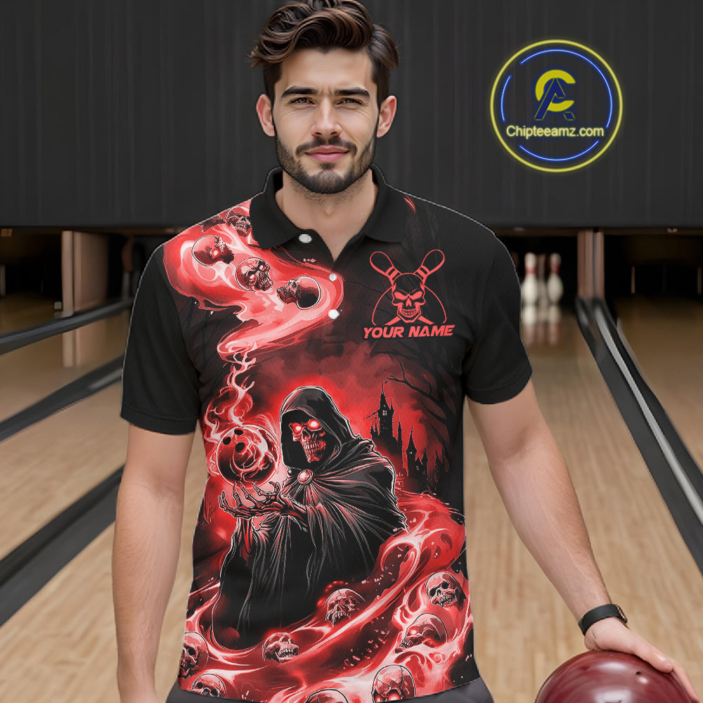 Black And Red Grim Reaper Custom Halloween Bowling Team Shirts For Men, Bowling Gifts IPHW7614