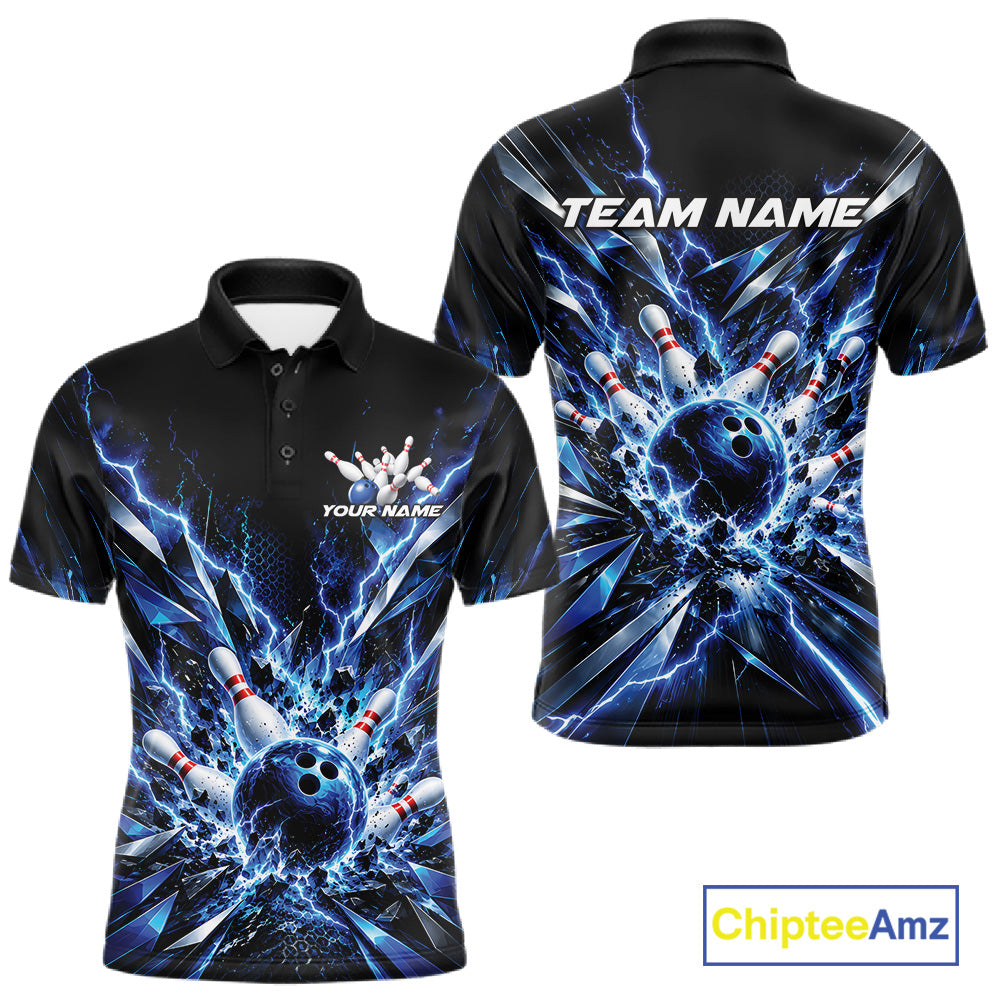 Custom Black And Blue Lightning Bowling Tournament Jersey, Bowling Team Men Polo Shirt IPHW12358