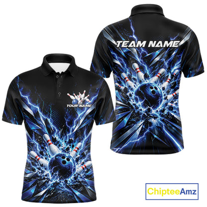 Custom Black And Blue Lightning Bowling Tournament Jersey, Bowling Team Men Polo Shirt IPHW12358